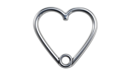 Chrome heart safety pin; rounded, shiny, metallic surface against a dark background. Soft gradient lighting effect