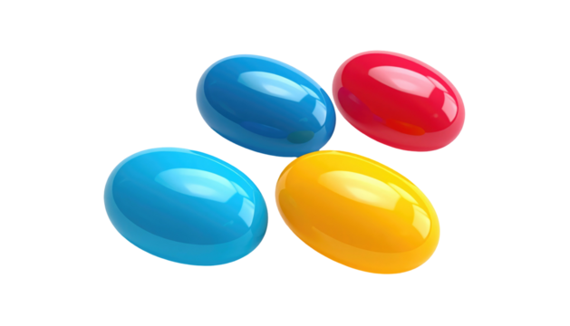 Four glossy, oval-shaped candies cluster on a stark black background, showcasing vivid blue, red, and yellow hues