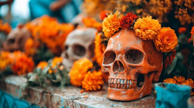 La Santa Muerte. Mexican Skull adorned with flowers. Calavera Grim Reaper - Altar with Floral sugar skull grim reaper in Mexican City Street.	
