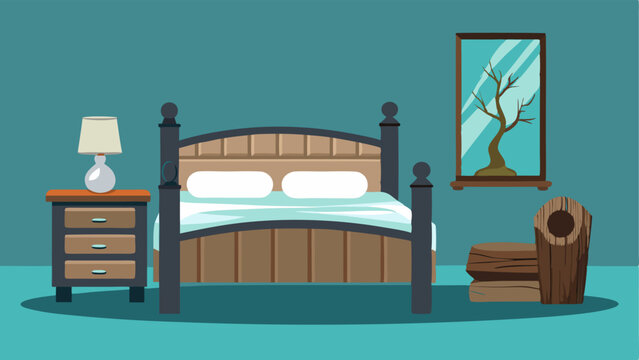 A bedroom with a rustic log bed frame and bedside tables paired with a sleek metal and glass dresser.