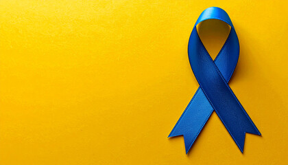 Blue awareness ribbon on yellow backdrop. Support for child abuse and prevention, anti-bullying