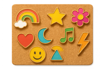 Colorful wooden puzzle pieces with various shapes including rainbow, star, heart, and smiley face, celebrating childhood and learning
