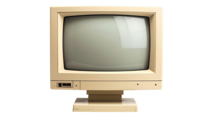 Beige, blocky CRT monitor with rounded edges stands on a black background, reminiscent of early computing