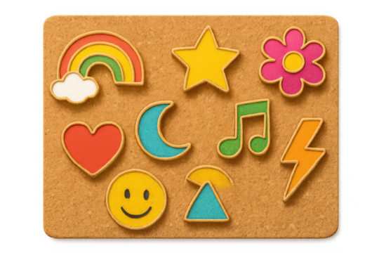 Colorful wooden puzzle pieces with various shapes including rainbow, star, heart, and smiley face, celebrating childhood and learning