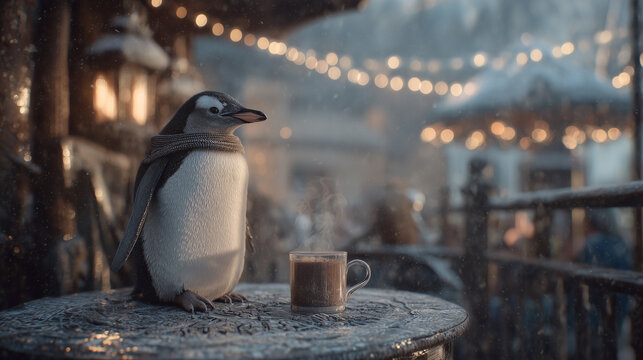 Penguin with Scarf Enjoying Hot Drink at Cozy Outdoor Winter Market, Surrounded by Bokeh Lights at Night. Image made using Generative AI.