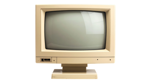 Beige, blocky CRT monitor with rounded edges stands on a black background, reminiscent of early computing