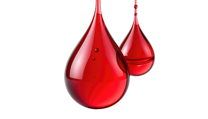 Obraz premium Two glossy, red liquid droplets suspended against a stark black backdrop. Soft light reflections and subtle shadows