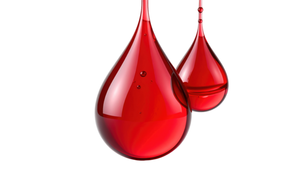 Two glossy, red liquid droplets suspended against a stark black backdrop. Soft light reflections and subtle shadows