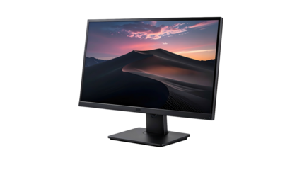 Black monitor shows sunset image on its screen, against a black background and elevated by a matching black stand