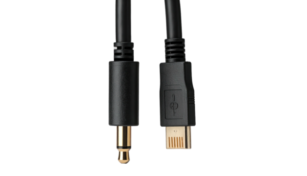 A black audio cable with a gold-tipped jack and a USB-C connector, set against a solid black background