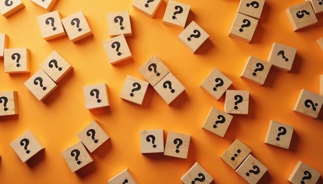 Many wooden blocks with question marks scatter on orange background. Image represents doubt, confusion, problem solving, learning, thinking, decision making. Many questions need answers for life,