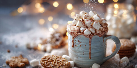 A cozy Christmas scene with a mug of hot chocolate, cinnamon, and cookies. Warm light in the background. Wooden table. Festive mood. New Year's atmosphere.