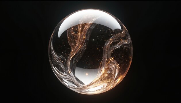 Abstract transparent sphere with swirling golden light inside. Glittering particles float within fluid strands. Dark background highlights glowing sphere. Minimalist design element. - Powered by Adobe