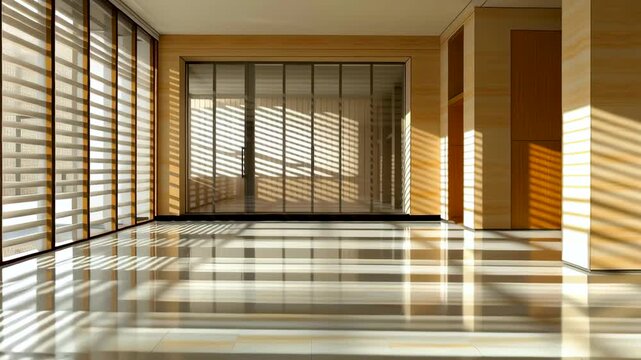 Modern Interior: A minimalist architectural space, basking in natural light, evokes a sense of calm and clarity with its clean lines, reflecting surface, and interplay of light and shadow.