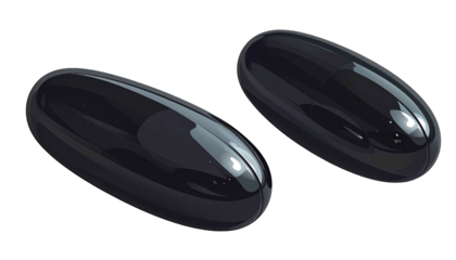 Two black, glossy capsule-shaped objects on a black background, softly illuminated with gradients and specular highlights