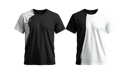 Two split color t-shirts, one white/black, one black/white, against a black background. Simple and stark