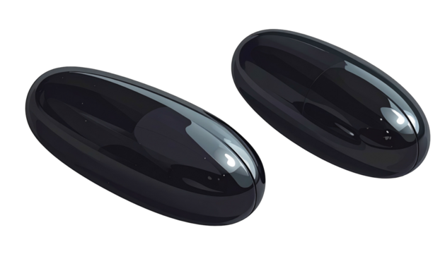 Two black, glossy capsule-shaped objects on a black background, softly illuminated with gradients and specular highlights
