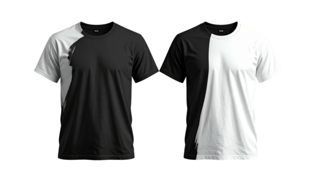 Two split color t-shirts, one white/black, one black/white, against a black background. Simple and stark