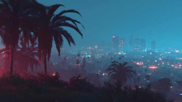 Cityscape at dusk with palm trees and ambient lighting