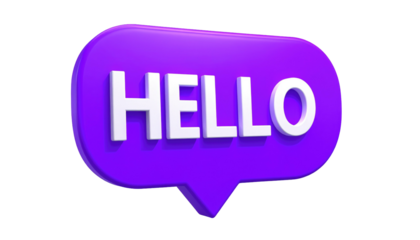 Purple speech bubble with the word "HELLO" in white block letters on a black backdrop