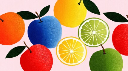 Colorful drawing of apples and oranges with a pink background. The apples are red, green, and yellow, and the oranges are green and yellow. The drawing conveys a sense of freshness and abundance