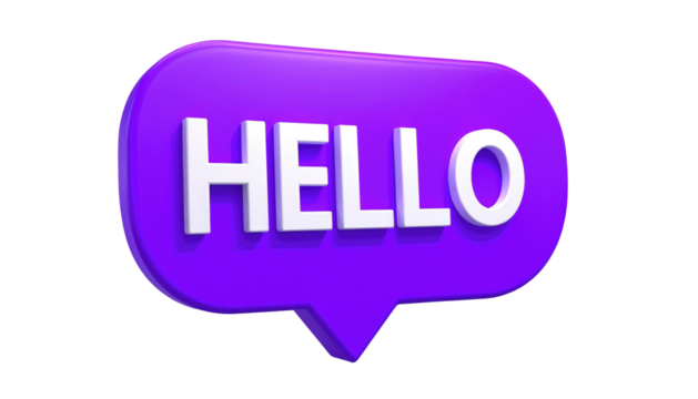 Purple speech bubble with the word "HELLO" in white block letters on a black backdrop
