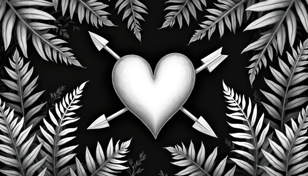Monochrome heart pierced by two arrows, surrounded by fern leaves and dark foliage. Elegant graphic design for romantic or valentine themes. Love concept illustration with botanical elements. - Powered by Adobe