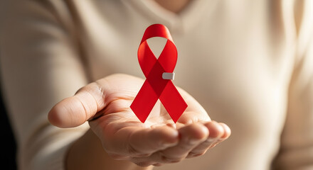 Holding a red ribbon for AIDS awareness, showing support and solidarity, raising awareness for HIV prevention and research, promoting hope and compassion