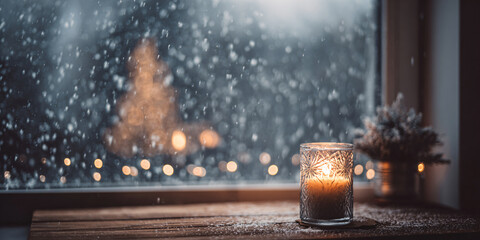 Background with a burning candle on a wooden windowsill. Snow falling outside the window. Christmas mood. Soft blurred background. Minimalistic cozy aesthetic.