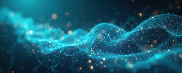 Blue abstract wave of particles and light dots moves through dark space. Futuristic energy texture with bokeh effects creates a cosmic atmosphere. Dynamic digital network visualization.