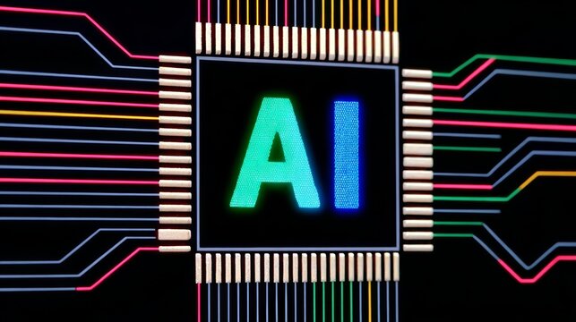 Computer chip with the letters AI on it. The image is colorful and has a futuristic feel to it