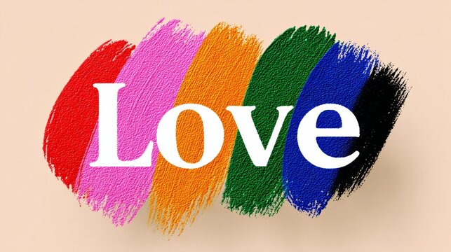 Colorful brush stroke with the word LOVE written in white. The brush strokes are in different colors, creating a vibrant and lively atmosphere. Concept of love, happiness, and positivity