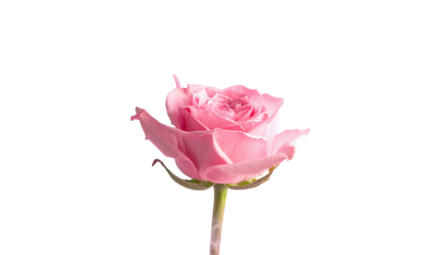 Delicate pink rose blossom on a solid black background. Soft petals unfurl with graceful curves, captured in a single shot