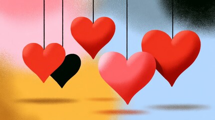 Painting of four hearts hanging from a string, with one heart being black and the other three being red