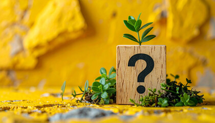 Wooden block with question mark, small green plants. FAQ, problem solving.