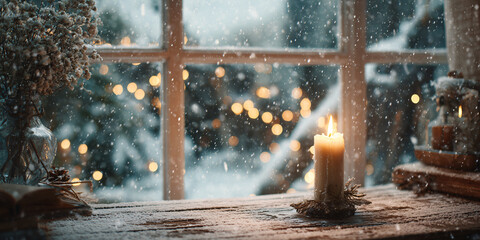 Background with a burning candle on a wooden windowsill. Snow falling outside the window. Christmas mood. Soft blurred background. Minimalistic cozy aesthetic.
