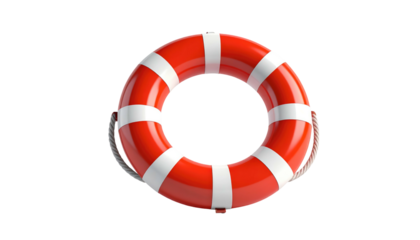 Isolated red life preserver ring with white stripes against black background, providing high contrast