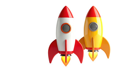 Two stylized rockets, one red/white and one yellow, soar against a dark backdrop, flames emanating