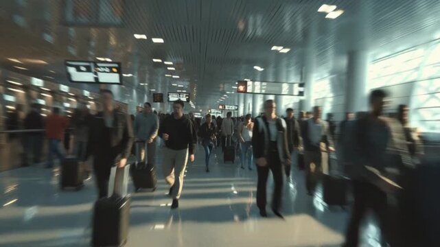 Cinematic Camera Walk-Through of a Busy Airport Terminal, Capturing Travelers, Luggage, Boarding Gates, and Dynamic Crowds, Showcasing the Modern, Bustling Atmosphere of Air Travel