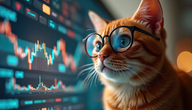 Smart cat wearing glasses studies financial charts on computer screen. Feline analyzes stock market trends, looks at economic data. Animal business concept, funny financial trader pet. - Powered by Adobe