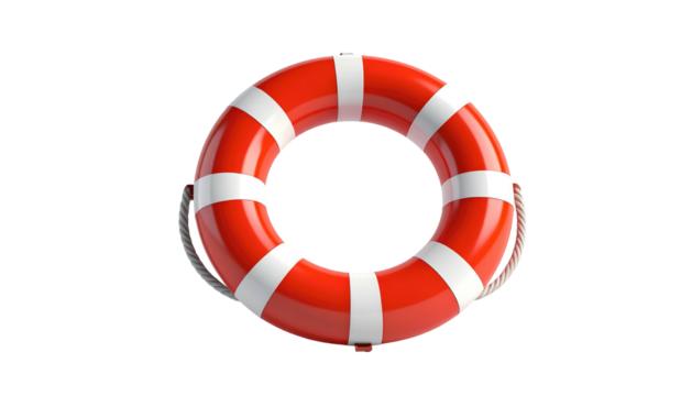 Isolated red life preserver ring with white stripes against black background, providing high contrast