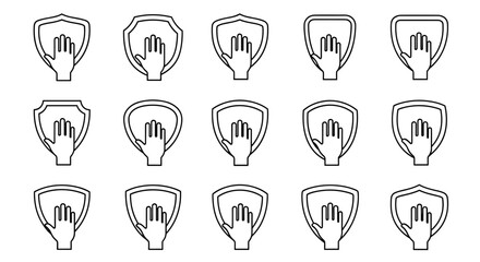Set of hand inside shield outline symbols, representing protection, security, safety, and defense. These versatile vector icons are perfect for graphic design, web development, app interfaces