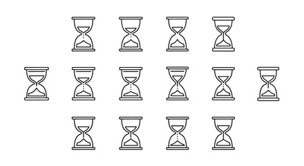 Collection of simple, isolated line icons representing hourglasses, perfect for web, books, cards, and apps. This editable stroke vector illustration features multiple hourglass designs, suitable for