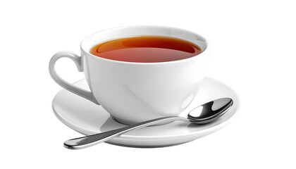 Cup of tea. Cup filled w/ tea, spoon, saucer. Simple drink image; clean, white, liquid. Isolated on transparent background