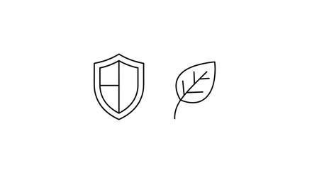 Minimalistic linear sign featuring a shield and a leaf, symbolizing protection and nature, ideal for web and graphic design, apps, banners, social networks, and cards. This vector cartoon