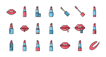 Collection of flat design lipstick and lip icons, symbolizing beauty, makeup, and fashion. This vector set includes various lipstick tubes, lip gloss applicators, and stylized lips with dripping