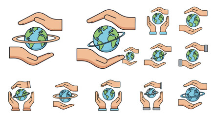 Collection of diverse flat design icons depicting hands cradling and protecting the planet Earth, symbolizing global care, environmental awareness, and conservation efforts, suitable for digital and