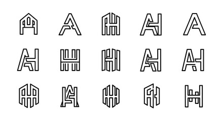 Set of 15 unique letter A and H monogram logos, presented as clean, modern line art on a white background. This collection features diverse geometric and abstract designs, perfect for branding and