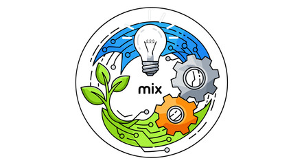 Circular emblem symbolizing innovation and solutions, featuring a glowing lightbulb, interconnected gears, and a growing plant intertwined with circuit board patterns, representing the fusion of