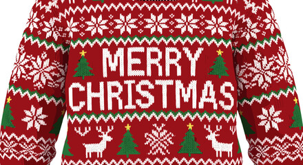 Festive Red Knitted "Merry Christmas" Sweater Design Featuring Snowflakes, Christmas Trees, and Reindeer, Evoking a Cozy Holiday Spirit with Traditional Fair Isle Patterns and a Warm, Inviting